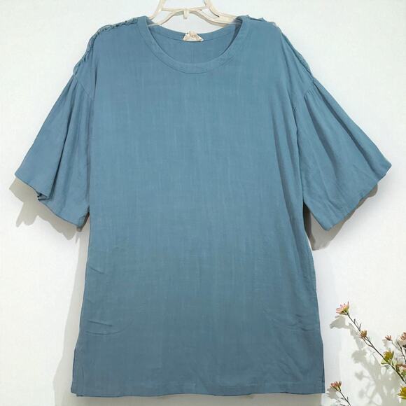Before You S Blue‎ Fringe Tunic Top Flutter Sleeve Linen Blend Boho Beach Summer - Picture 1 of 10